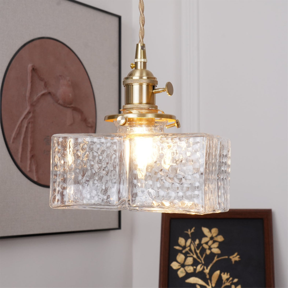 Glass Pendant Light with Brass Accents Adjustable Hanging Fixture for Kitchen Island Dining Room Modern Overhead Lighting E26 Socket | Thomler