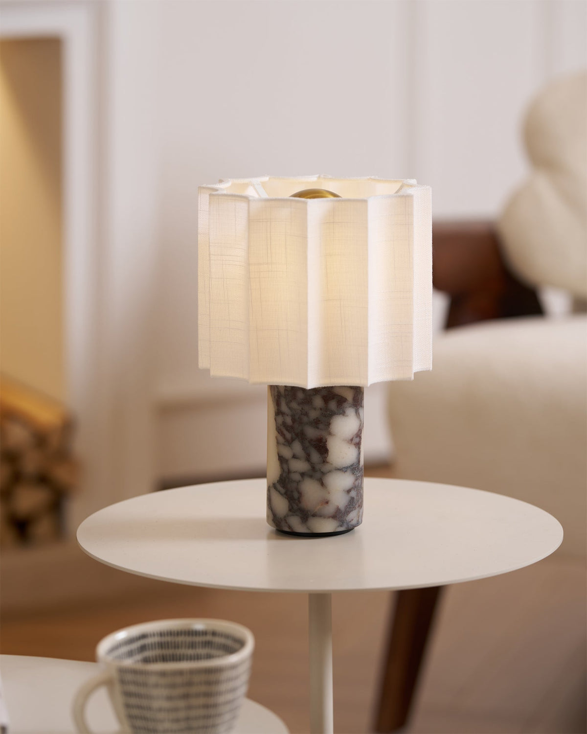 Kabellose Marmor-Akzentleuchte mit wiederaufladbarem Akku, 28 cm hoch, weiß-beiger Stoffschirm, LED-Schreibtischlampe für Schlafzimmer, Büro, Nachttisch Por | Thomler