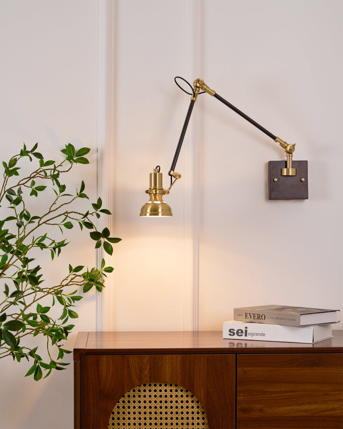 Articulating Wall Sconce Brass & Wood 27 inch Pivoting Arm Task Light for Bedside Reading Office Study Workspace | Thomler