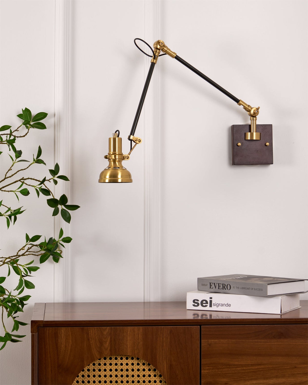 Articulating Wall Sconce Brass & Wood 27 inch Pivoting Arm Task Light for Bedside Reading Office Study Workspace | Thomler