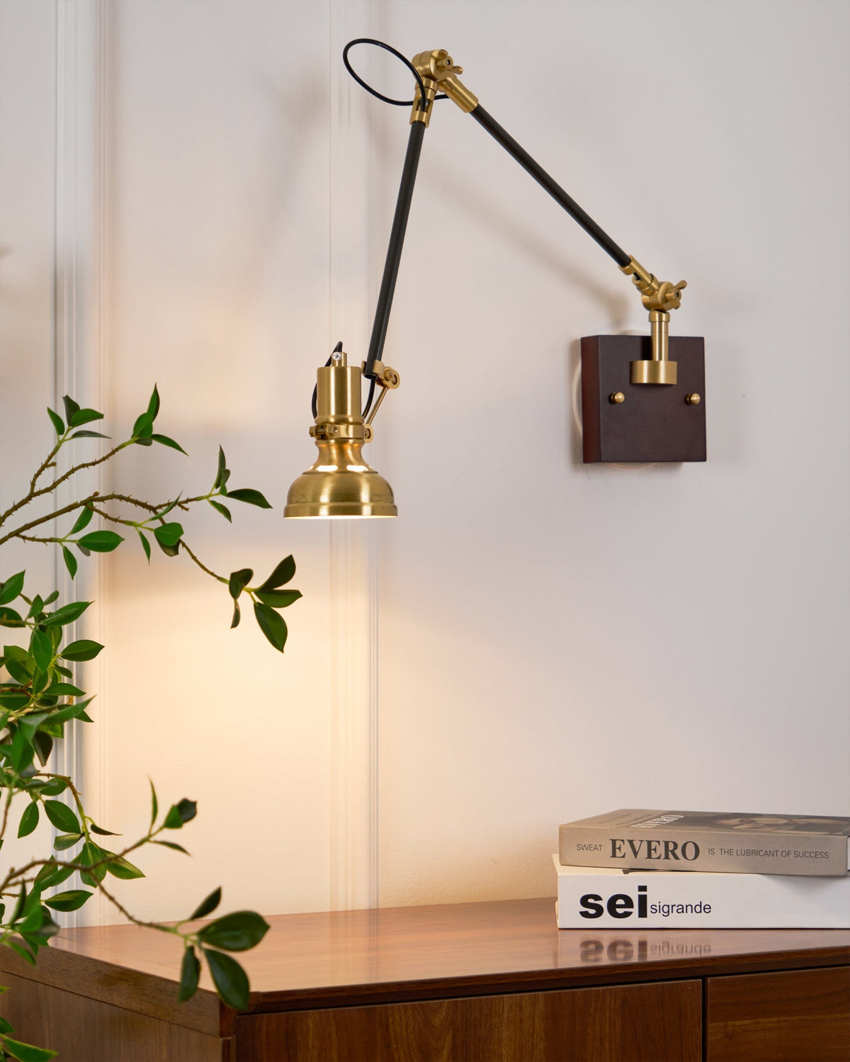 Articulating Wall Sconce Brass & Wood 27 inch Pivoting Arm Task Light for Bedside Reading Office Study Workspace | Thomler