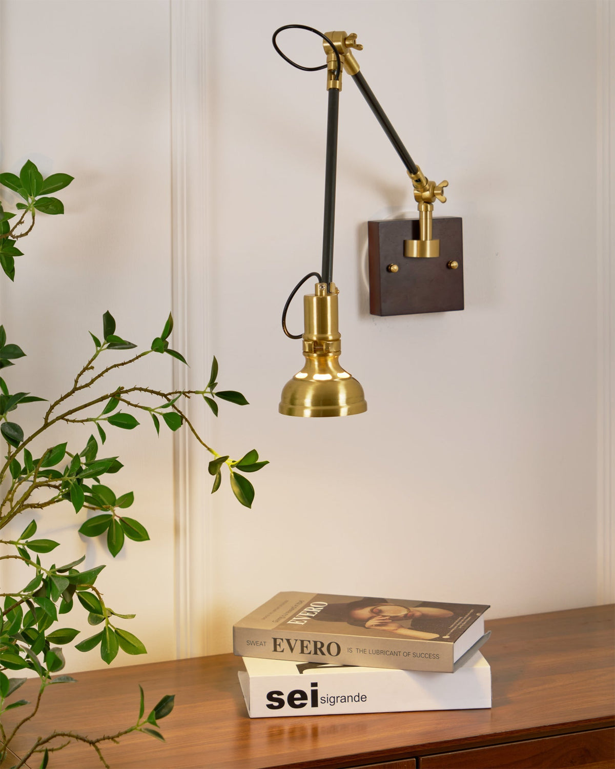 Articulating Wall Sconce Brass & Wood 27 inch Pivoting Arm Task Light for Bedside Reading Office Study Workspace | Thomler