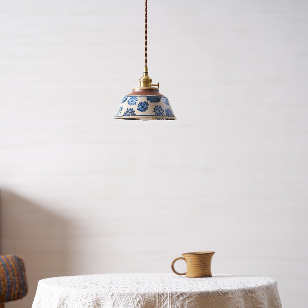 Handcrafted Ceramic Hanging Light with Floral Pattern 7 Inch Adjustable Overhead Fixture for Kitchen Island Dining Table Breakfast Nook Bras | Thomler