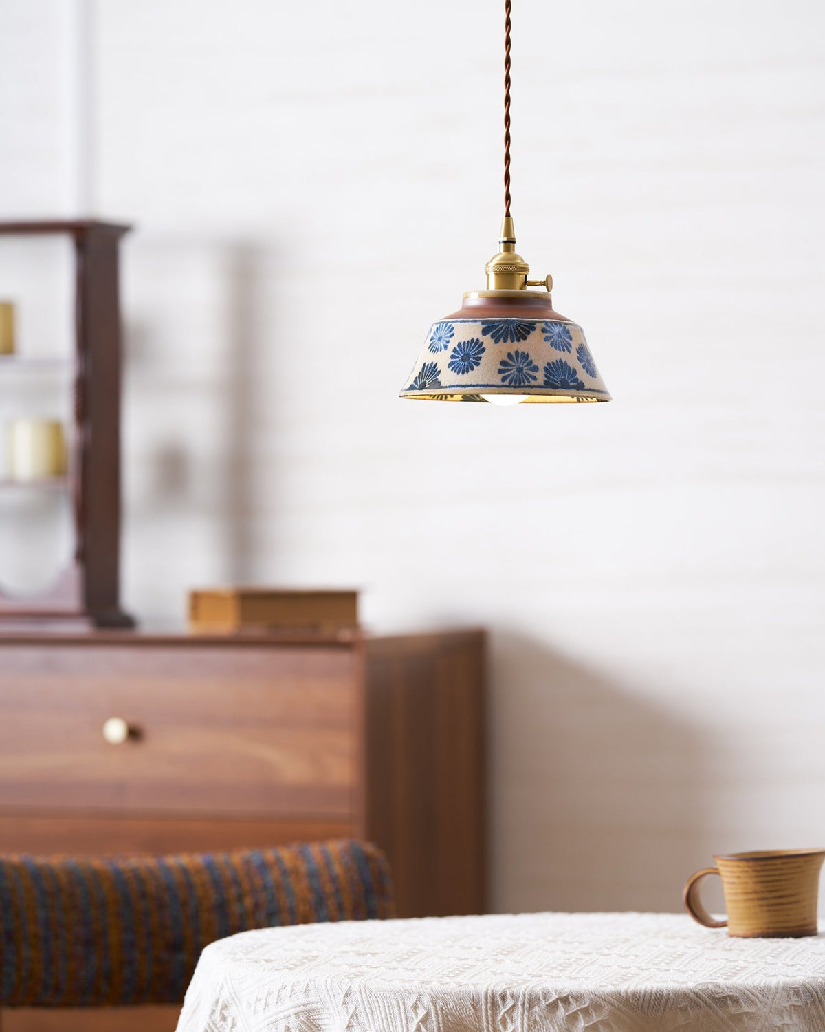 Handcrafted Ceramic Hanging Light with Floral Pattern 7 Inch Adjustable Overhead Fixture for Kitchen Island Dining Table Breakfast Nook Bras | Thomler