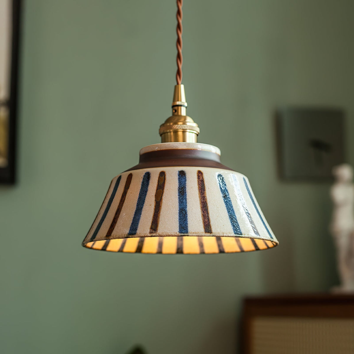 Handcrafted Ceramic Hanging Light with Floral Pattern 7 Inch Adjustable Overhead Fixture for Kitchen Island Dining Table Breakfast Nook Bras | Thomler