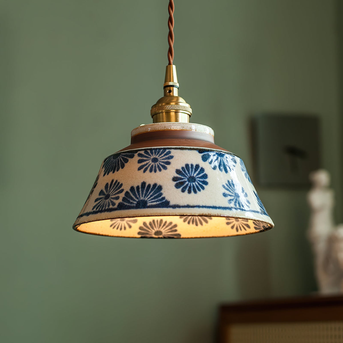 Handcrafted Ceramic Hanging Light with Floral Pattern 7 Inch Adjustable Overhead Fixture for Kitchen Island Dining Table Breakfast Nook Bras | Thomler