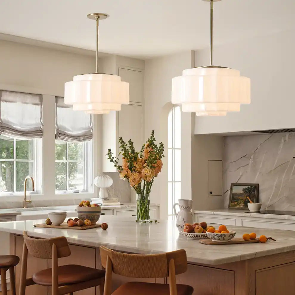 Opal Glass Hanging Light Fixture 16 in Warm Brass Finish Adjustable Ceiling Lamp for Kitchen Island Entryway Bedroom | Thomler