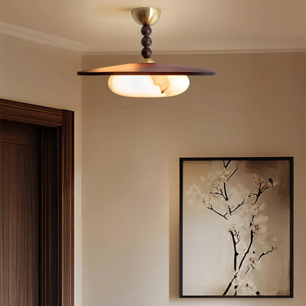 Wood Flush Mount LED Ceiling Light 14 Inch Round with Alabaster Diffuser for Bedroom Hallway Living Room Modern Brass Accent Fixture Warm Am | Thomler