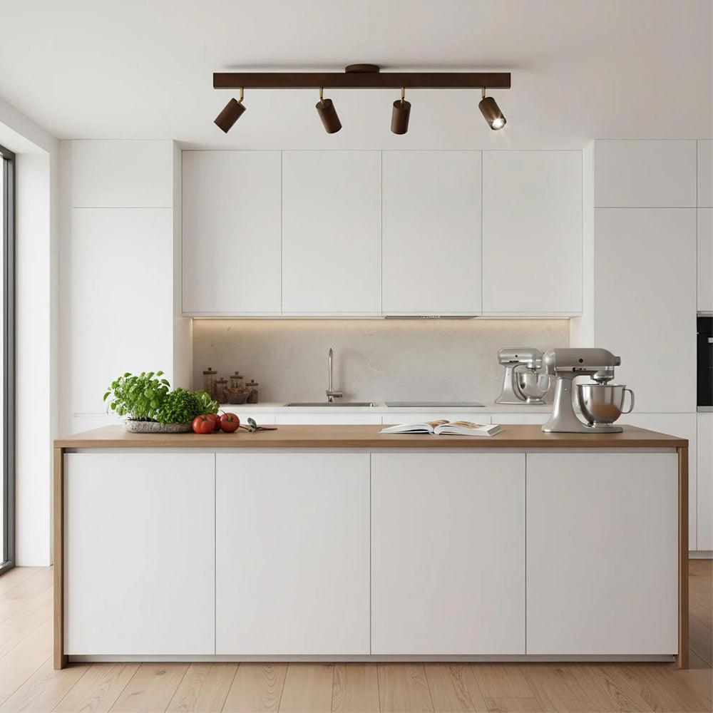 LED-Schienensystem aus Holz, naturfarben, verstellbare Strahler, Decken- und Wandmontage, Schienenleuchte 18 bis 120 cm, moderner linearer Spot-Balken, Esszimmer | Thomler