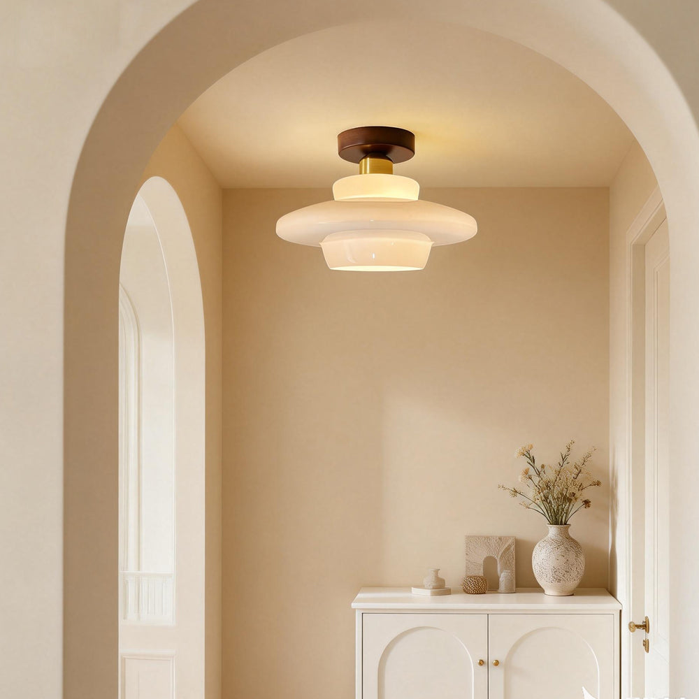 Flush Mount Glass Ceiling Light with Real Wood Trim for Entryway Kitchen Dining Room | Modern Farmhouse Entry Lighting Fixture 12 Inch Warm | Thomler