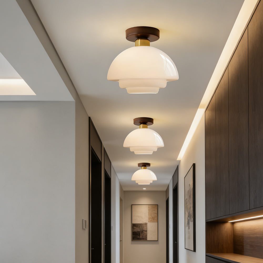 Flush Mount Glass Ceiling Light with Real Wood Trim for Entryway Kitchen Dining Room | Modern Farmhouse Entry Lighting Fixture 12 Inch Warm | Thomler