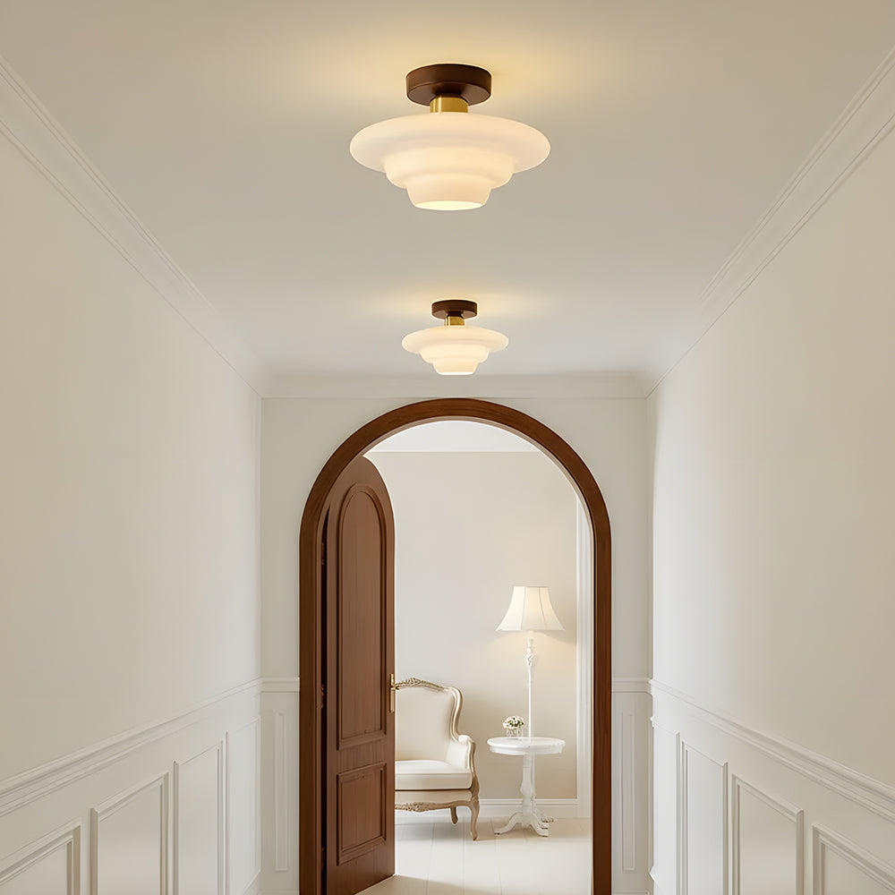 Flush Mount Glass Ceiling Light with Real Wood Trim for Entryway Kitchen Dining Room | Modern Farmhouse Entry Lighting Fixture 12 Inch Warm | Thomler