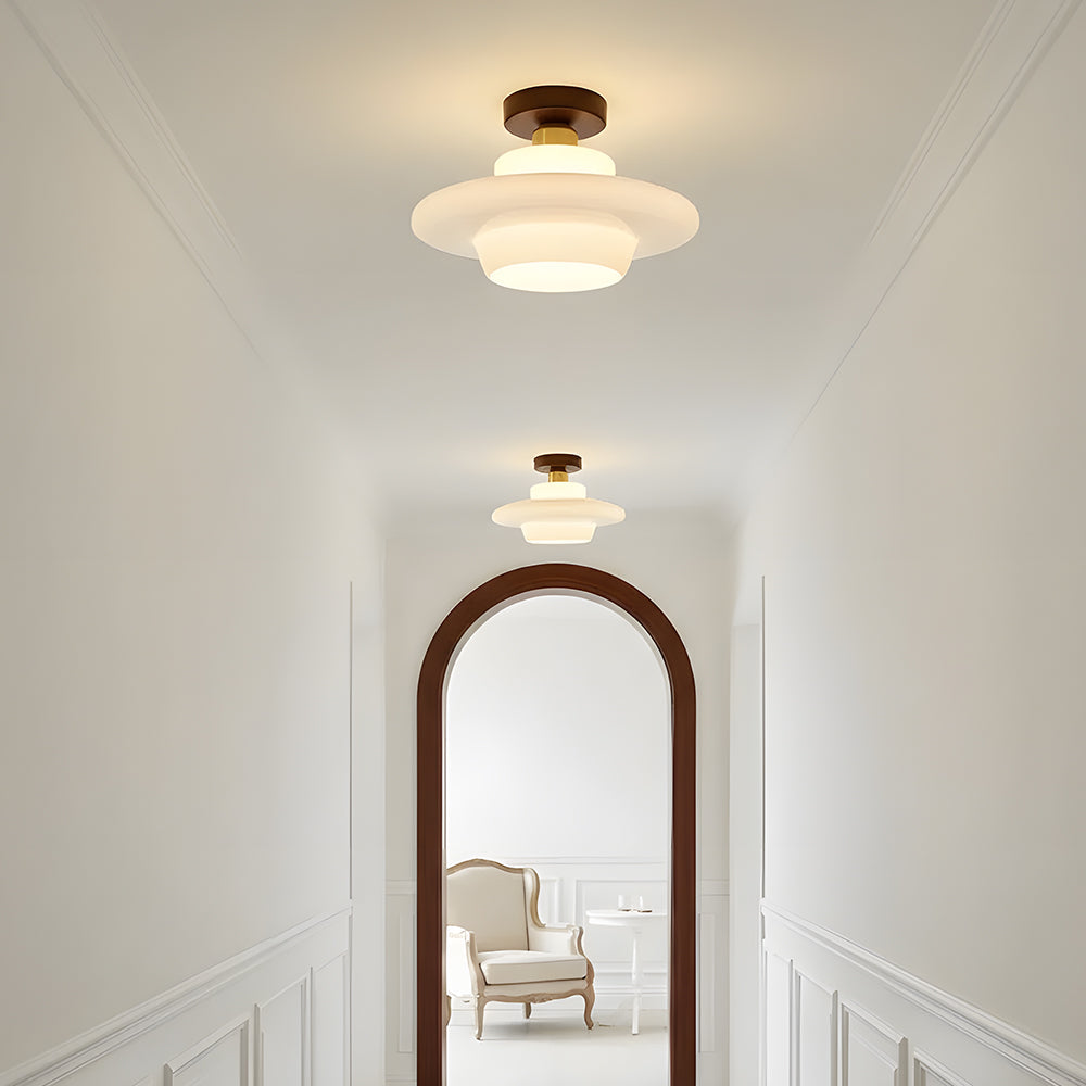 Flush Mount Glass Ceiling Light with Real Wood Trim for Entryway Kitchen Dining Room | Modern Farmhouse Entry Lighting Fixture 12 Inch Warm | Thomler