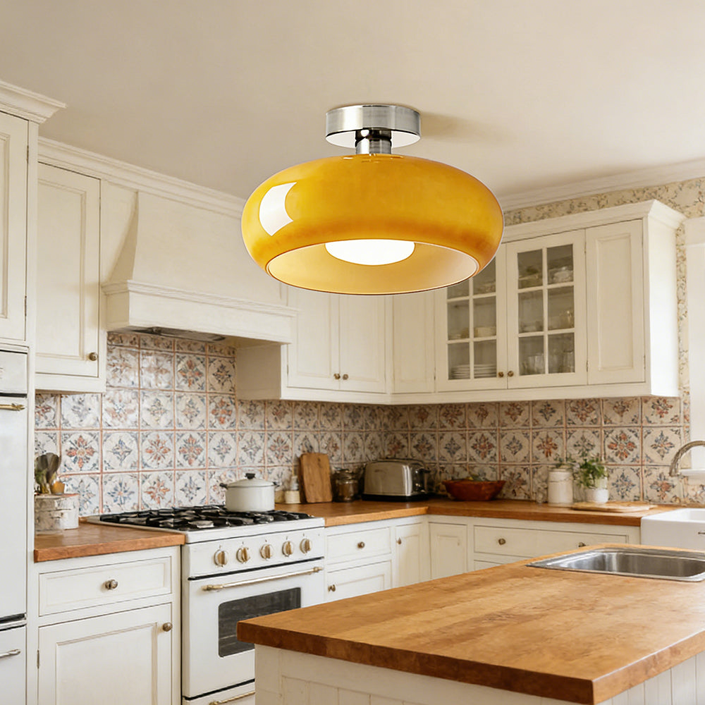 Amber Glass Globe Ceiling Light 11 Inch Dome Shade for Kitchen Island Dining Table Bedroom Brass Iron Fixture E27 Socket | Thomler