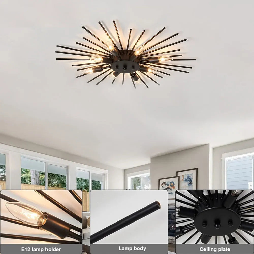 Multi-Bulb Metal Flush Mount Fixture 28 Inch Industrial Overhead Lighting for Dining Room Living Room Bedroom Hallway Contemporary Open Fram | Thomler