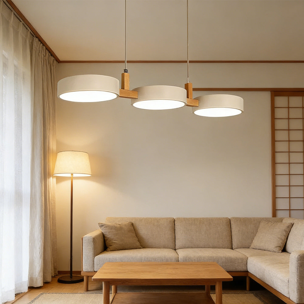 Three-Light Hanging Fixture Metal & Wood 30 in Wide for Kitchen Island Dining Table Adjustable Cord Modern Industrial Overhead Illumination | Thomler