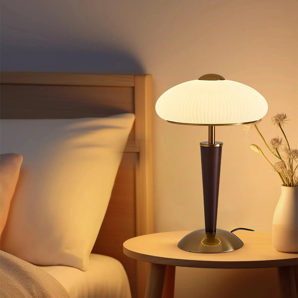 Fluted Metal & Wood Desk Lamp with Warm LED Light for Nightstand, Office & Living Room | Reading Light | Mid-Century Modern | Thomler