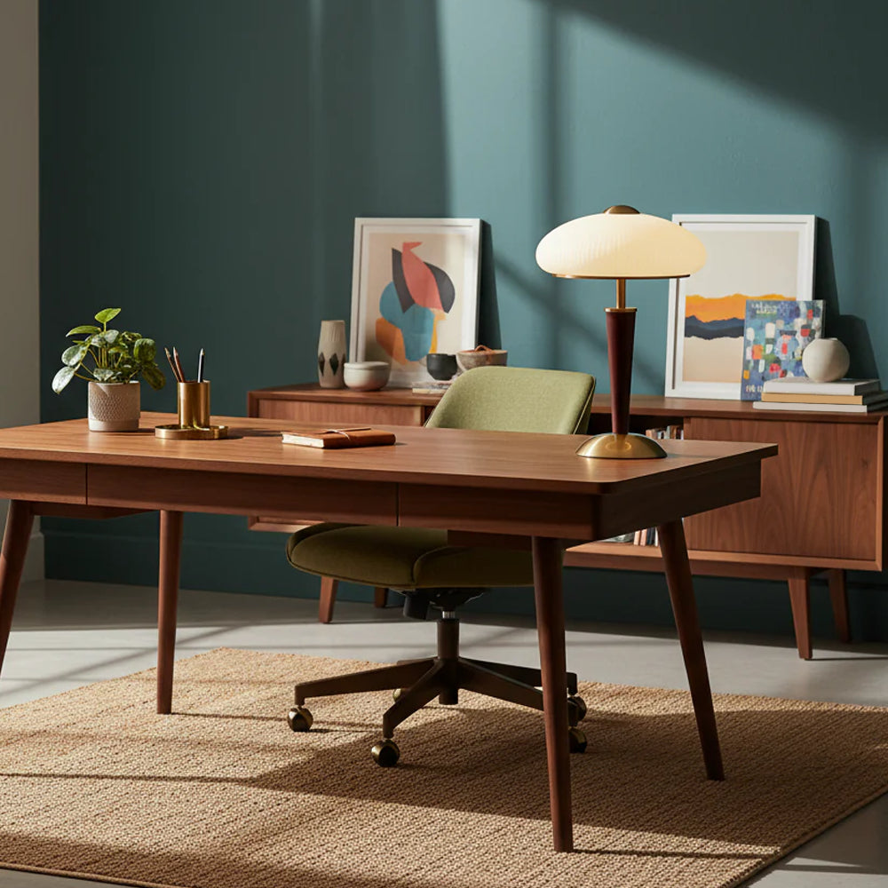 Fluted Metal & Wood Desk Lamp with Warm LED Light for Nightstand, Office & Living Room | Reading Light | Mid-Century Modern | Thomler