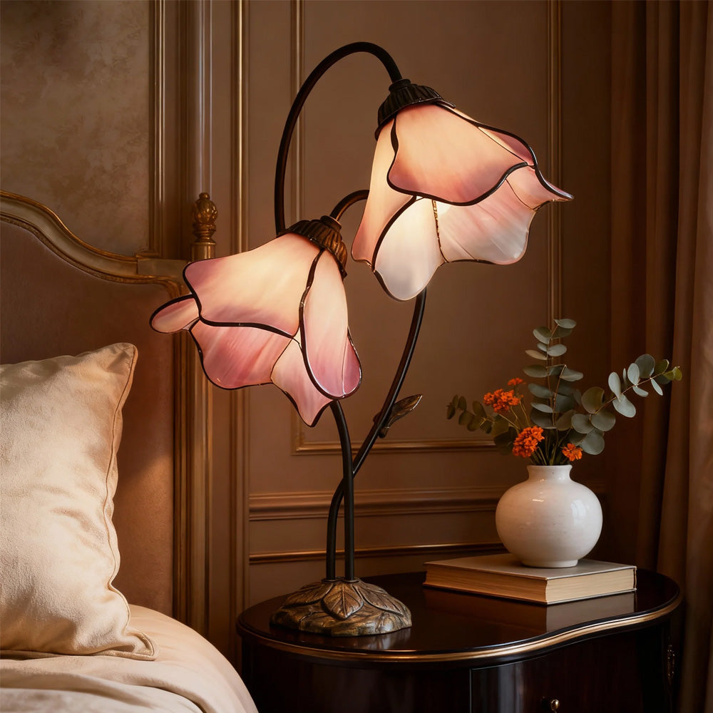 Dual-Shade Glass Flower Desk Lamp 22 in Tall with Resin Base for Bedside Reading Light Vintage Inspired Metal Accent Lighting for Home Offic | Thomler