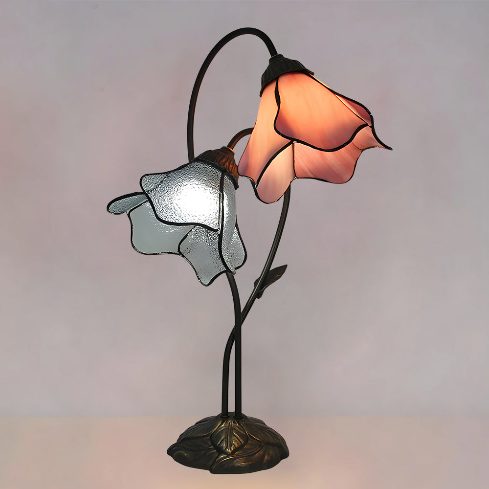 Dual-Shade Glass Flower Desk Lamp 22 in Tall with Resin Base for Bedside Reading Light Vintage Inspired Metal Accent Lighting for Home Offic | Thomler