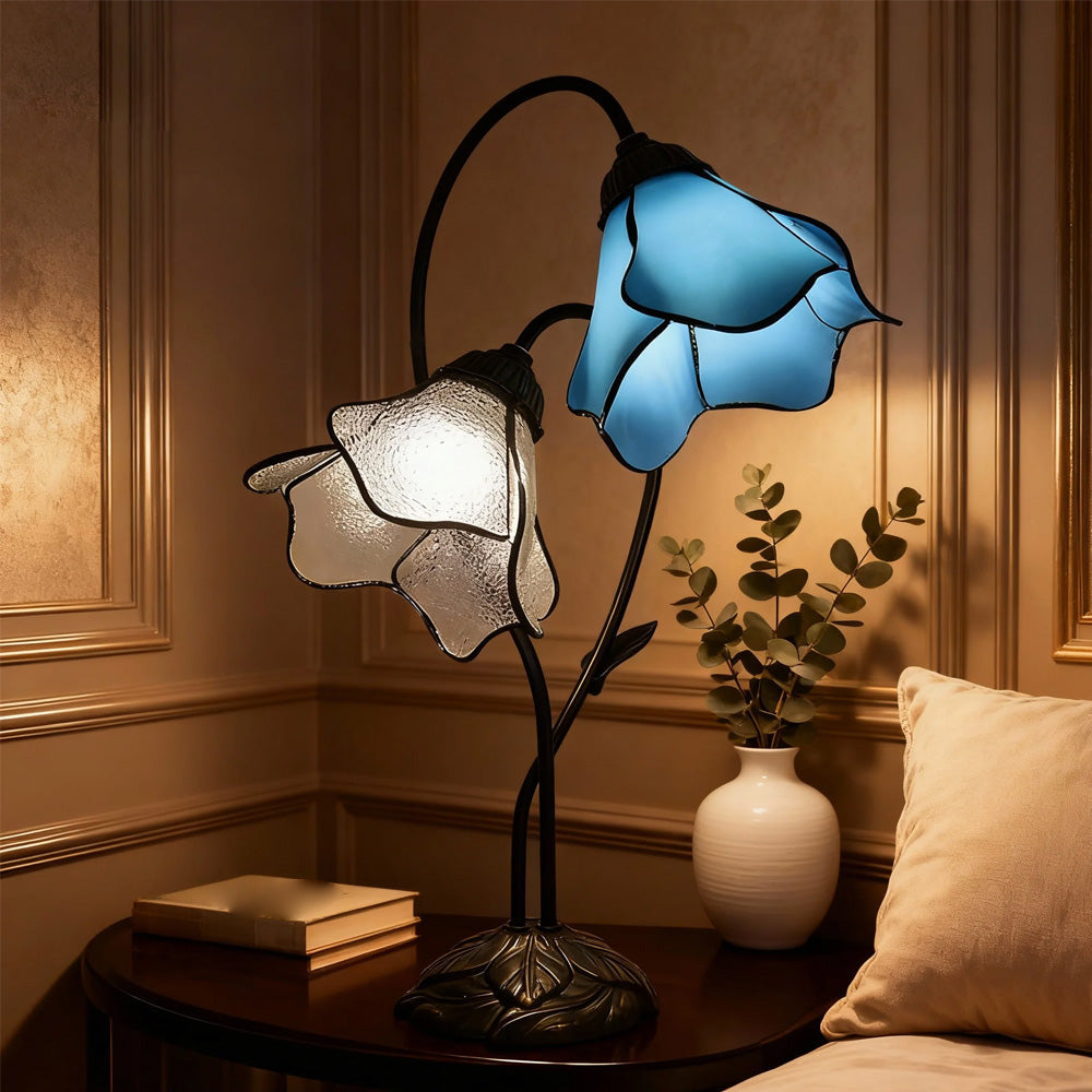Dual-Shade Glass Flower Desk Lamp 22 in Tall with Resin Base for Bedside Reading Light Vintage Inspired Metal Accent Lighting for Home Offic | Thomler