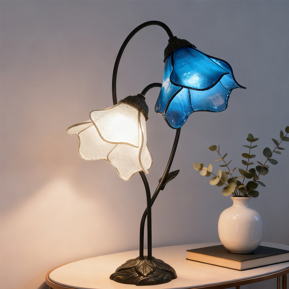 Dual-Shade Glass Flower Desk Lamp 22 in Tall with Resin Base for Bedside Reading Light Vintage Inspired Metal Accent Lighting for Home Offic | Thomler