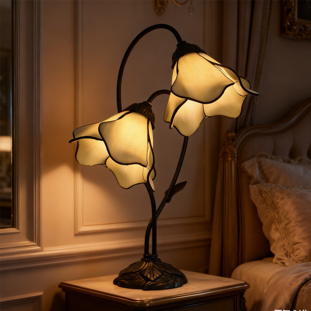 Dual-Shade Glass Flower Desk Lamp 22 in Tall with Resin Base for Bedside Reading Light Vintage Inspired Metal Accent Lighting for Home Offic | Thomler
