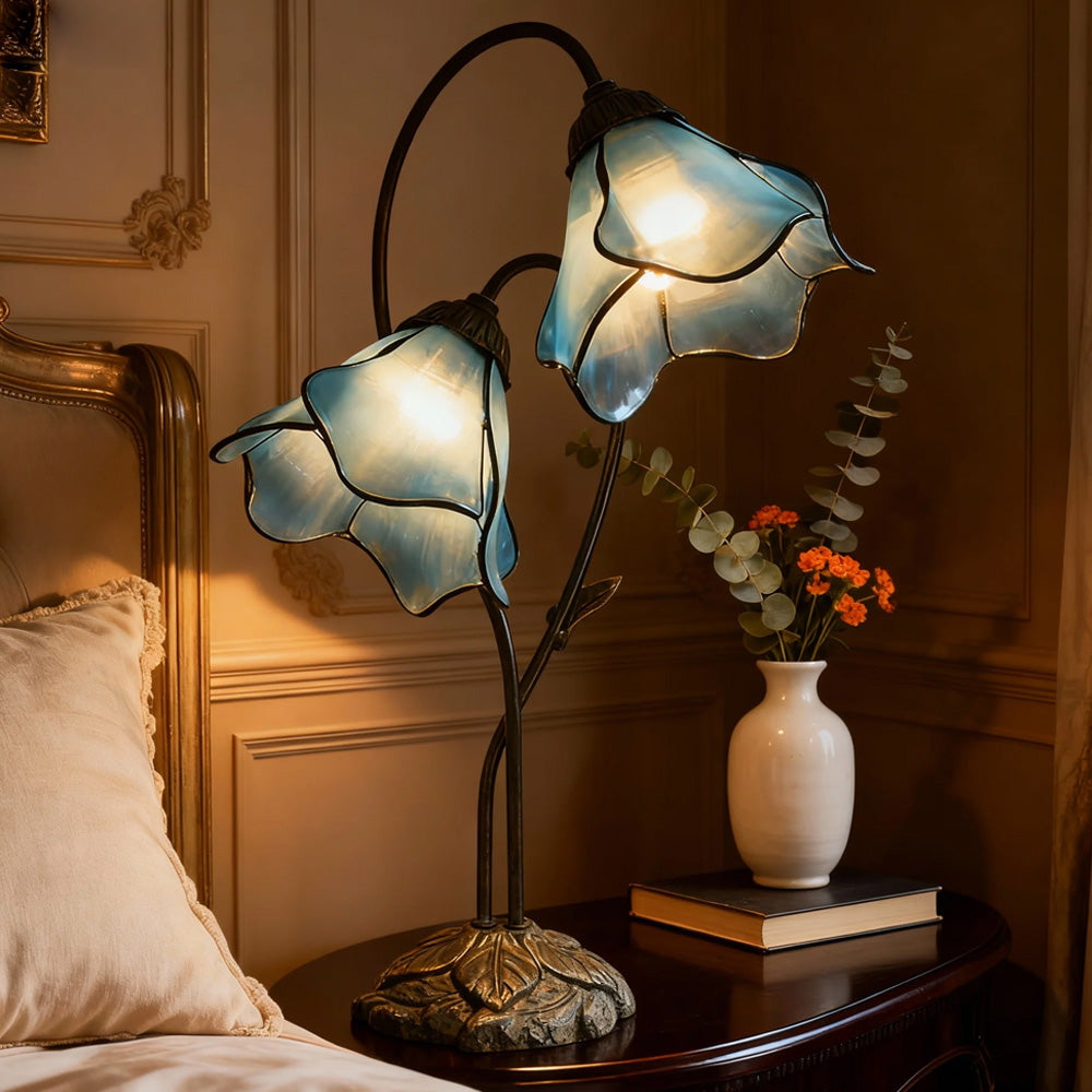 Dual-Shade Glass Flower Desk Lamp 22 in Tall with Resin Base for Bedside Reading Light Vintage Inspired Metal Accent Lighting for Home Offic | Thomler