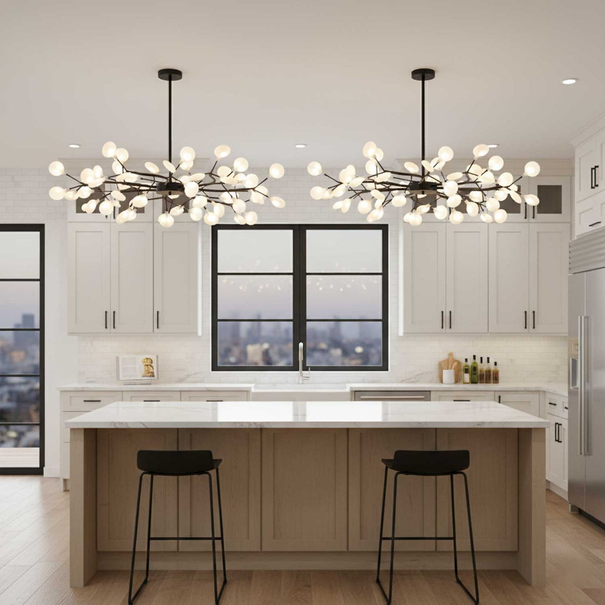 Lámpara de araña de ramas acrílicas con luces LED ajustables para comedor y entrada - de 30 a 63 ramas de luz - Regulable, acabado en metal dorado o negro