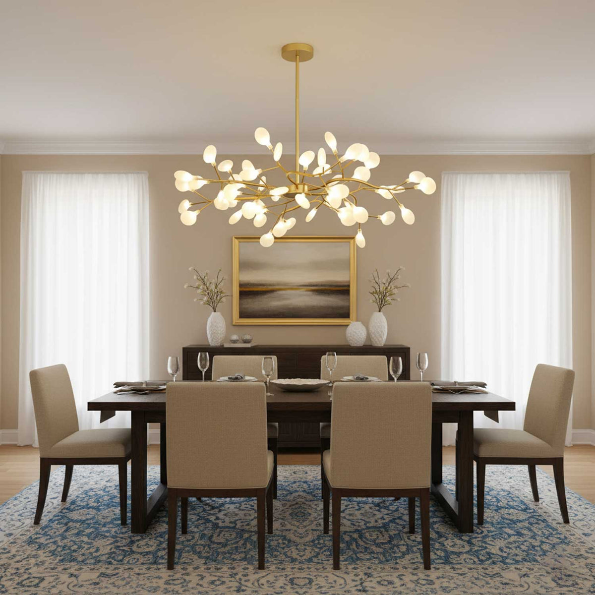 Lámpara de araña de ramas acrílicas con luces LED ajustables para comedor y entrada - de 30 a 63 ramas de luz - Regulable, acabado en metal dorado o negro