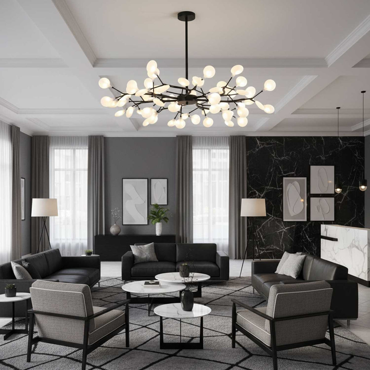 Lámpara de araña de ramas acrílicas con luces LED ajustables para comedor y entrada - de 30 a 63 ramas de luz - Regulable, acabado en metal dorado o negro