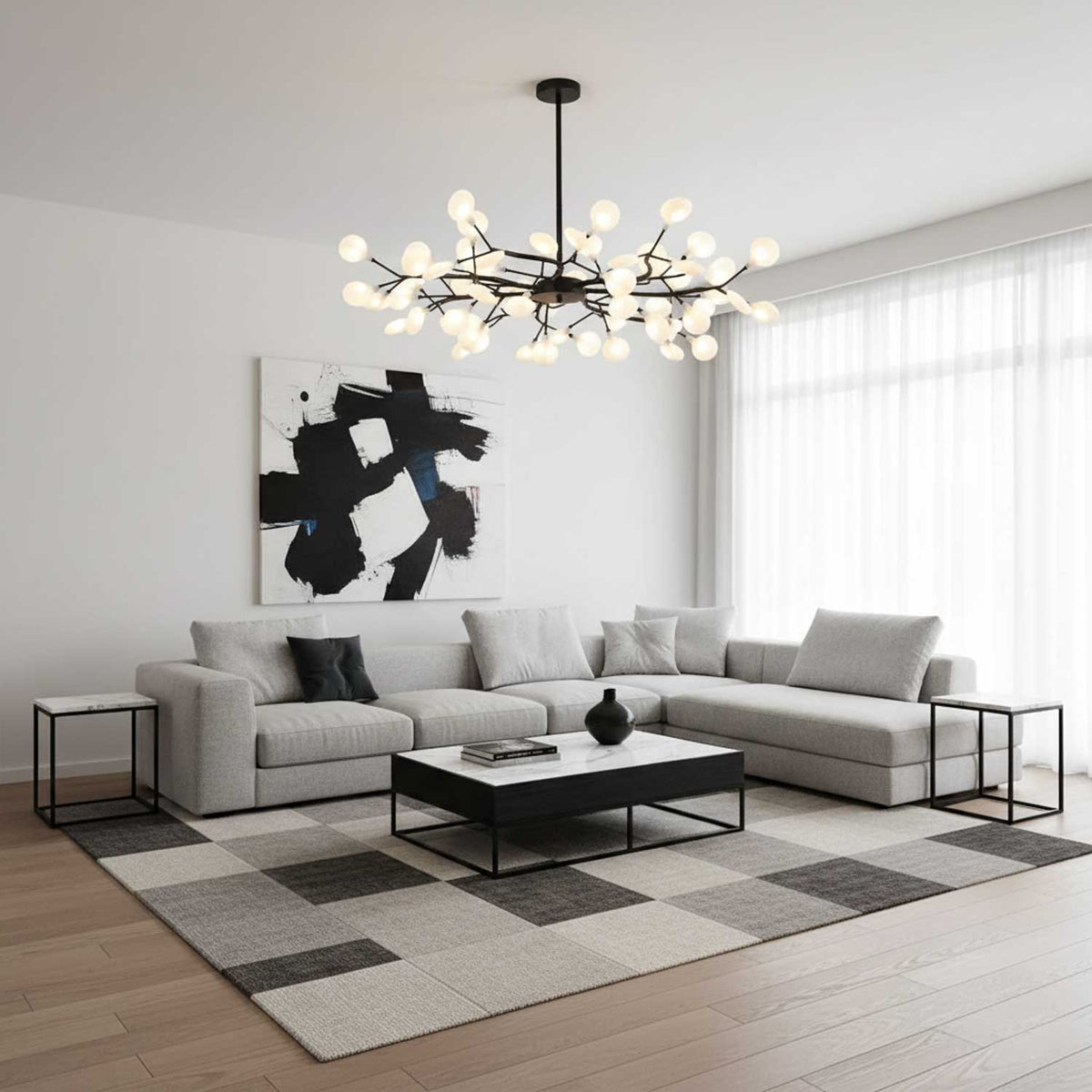 Lámpara de araña de ramas acrílicas con luces LED ajustables para comedor y entrada - de 30 a 63 ramas de luz - Regulable, acabado en metal dorado o negro