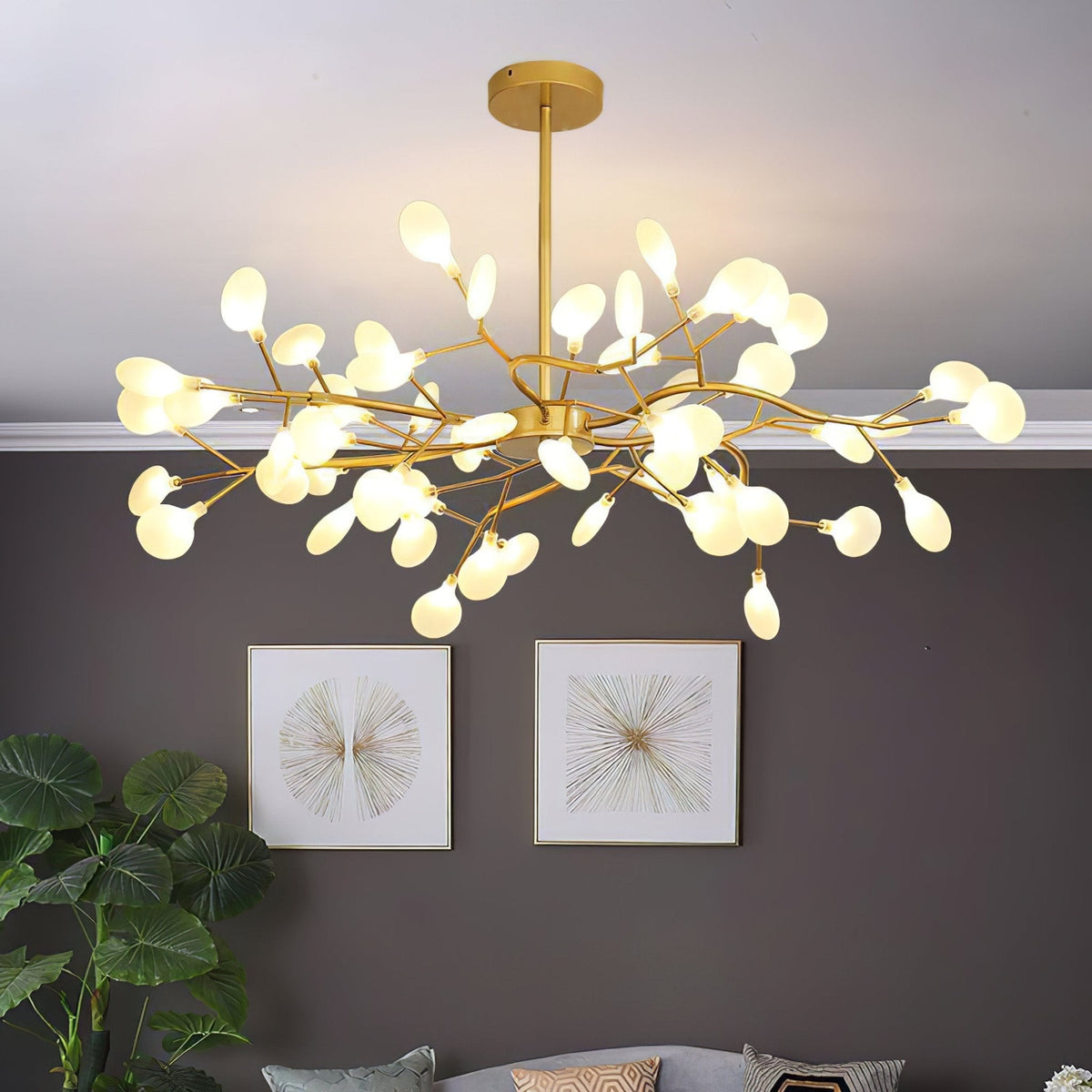 Lámpara de araña de ramas acrílicas con luces LED ajustables para comedor y entrada - de 30 a 63 ramas de luz - Regulable, acabado en metal dorado o negro