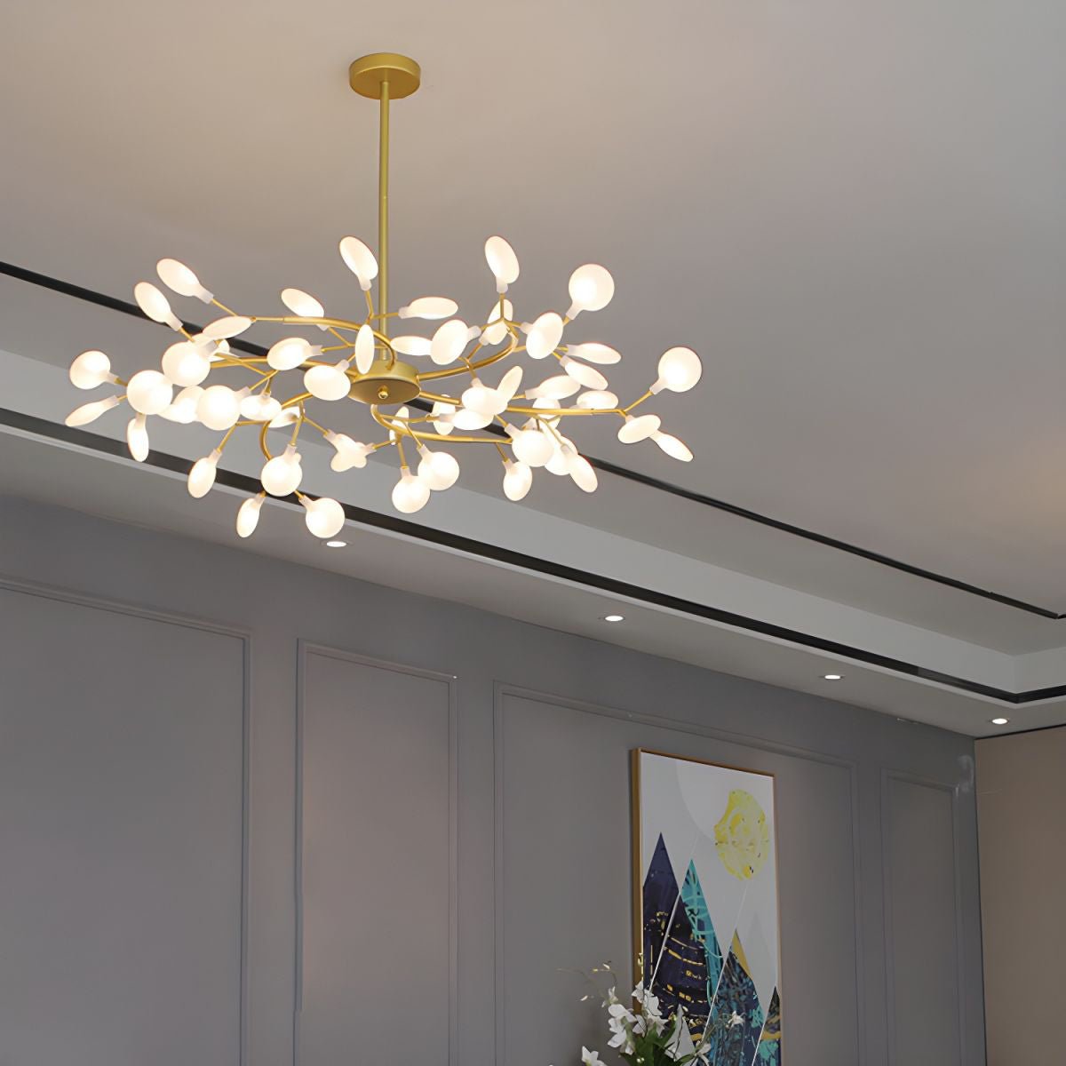 Lámpara de araña de ramas acrílicas con luces LED ajustables para comedor y entrada - de 30 a 63 ramas de luz - Regulable, acabado en metal dorado o negro