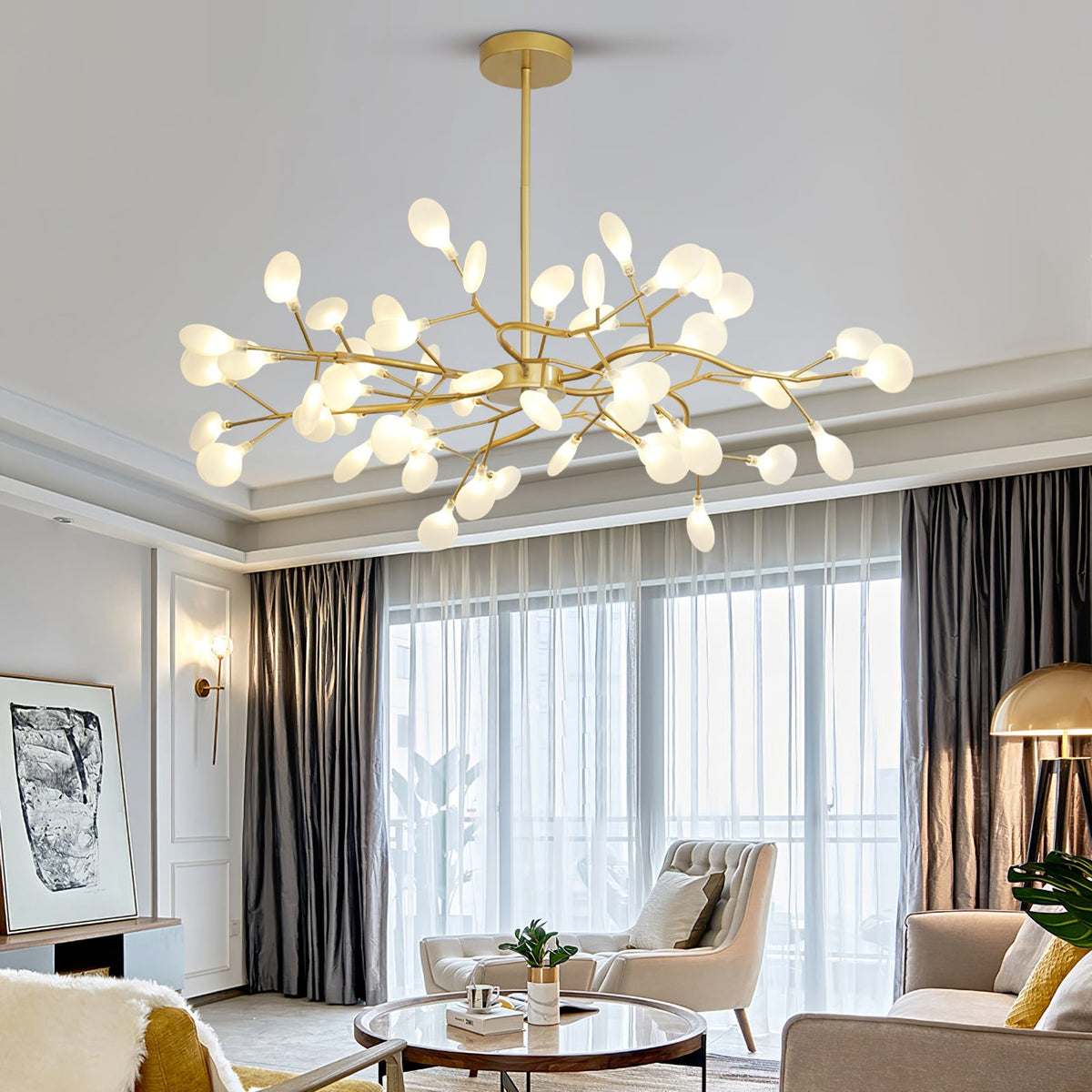 Lámpara de araña de ramas acrílicas con luces LED ajustables para comedor y entrada - de 30 a 63 ramas de luz - Regulable, acabado en metal dorado o negro