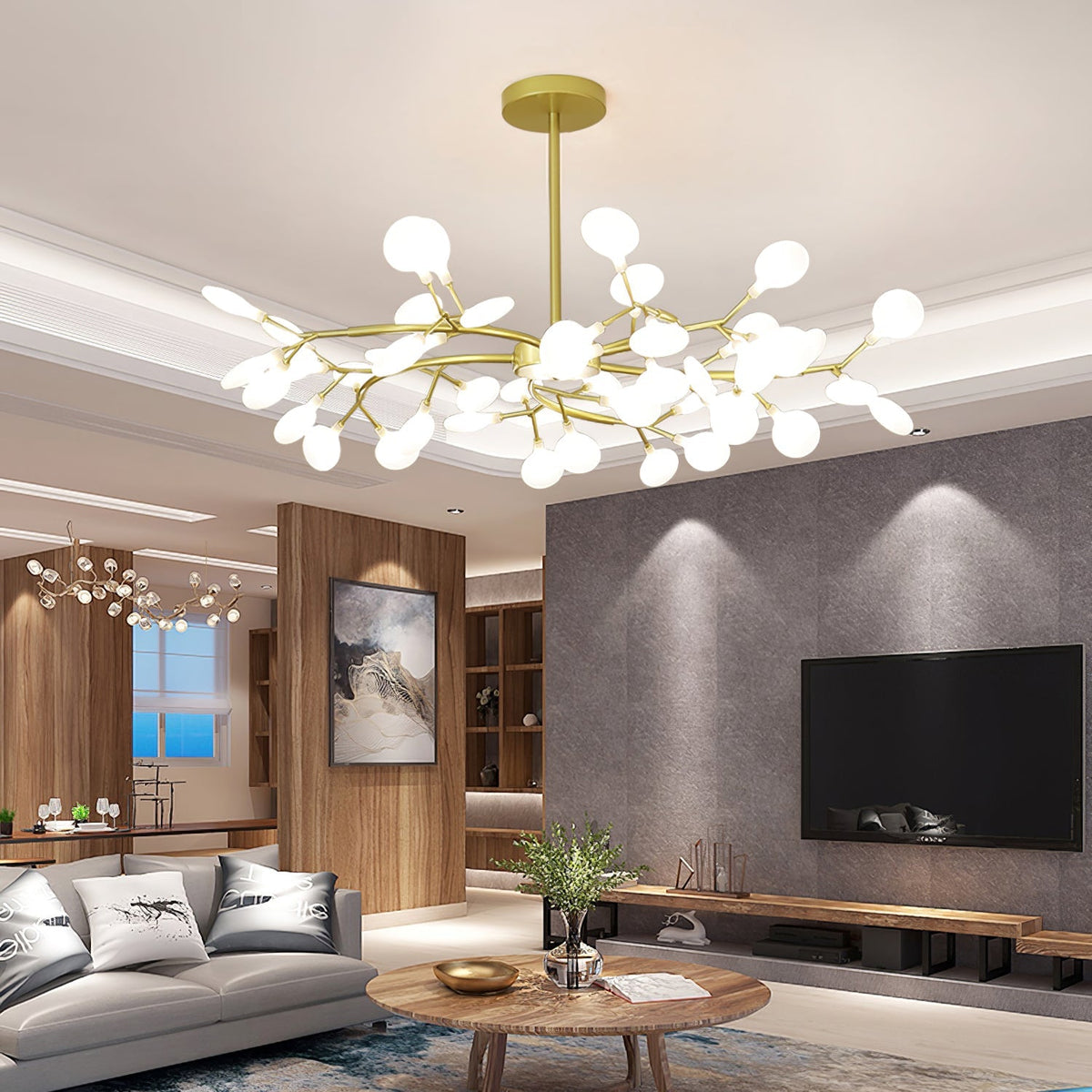 Lámpara de araña de ramas acrílicas con luces LED ajustables para comedor y entrada - de 30 a 63 ramas de luz - Regulable, acabado en metal dorado o negro