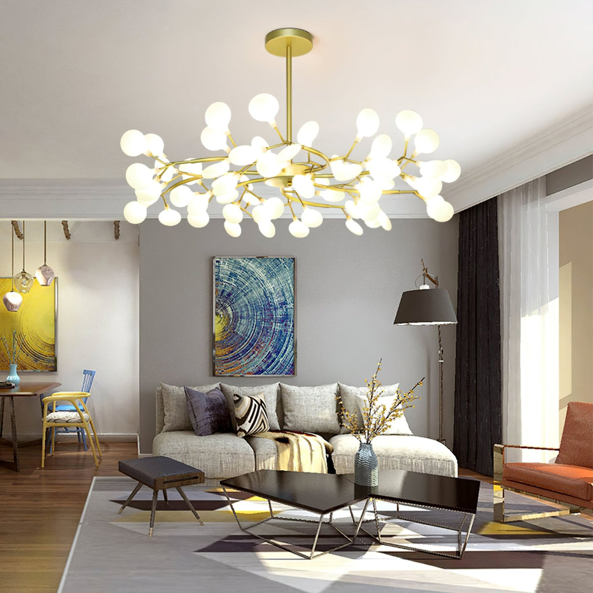 Lámpara de araña de ramas acrílicas con luces LED ajustables para comedor y entrada - de 30 a 63 ramas de luz - Regulable, acabado en metal dorado o negro