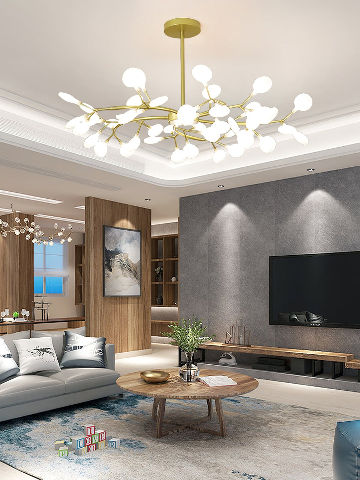 Lámpara de araña de ramas acrílicas con luces LED ajustables para comedor y entrada - de 30 a 63 ramas de luz - Regulable, acabado en metal dorado o negro