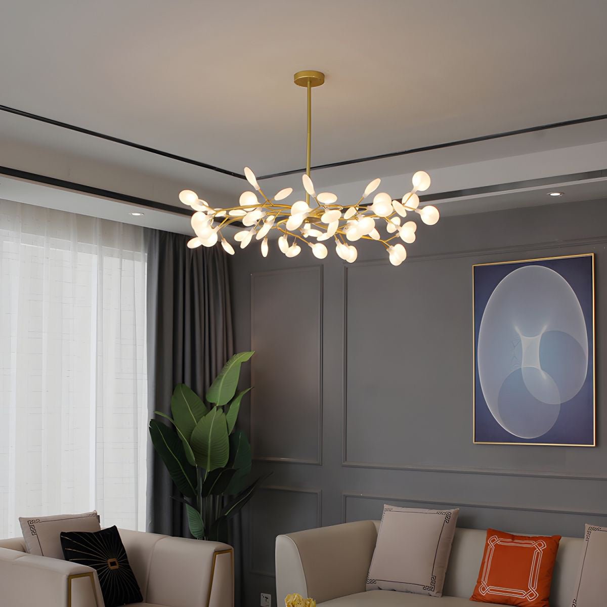 Lámpara de araña de ramas acrílicas con luces LED ajustables para comedor y entrada - de 30 a 63 ramas de luz - Regulable, acabado en metal dorado o negro