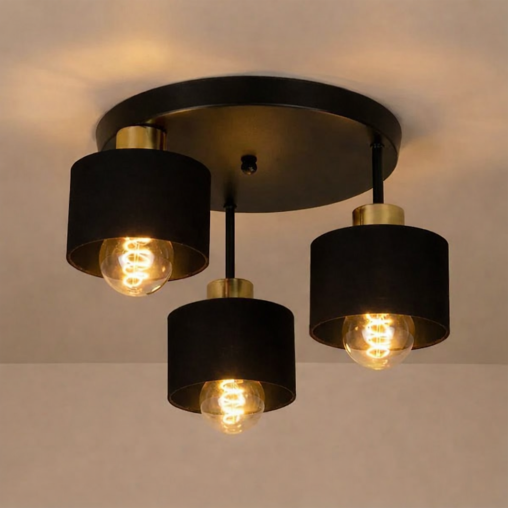 Three-Light Flush Mount Fixture Steel 12-Inch Black Gold Ceiling Lamp E27 for Dining Room Bedroom Hallway Modern Industrial Home Lighting | Thomler