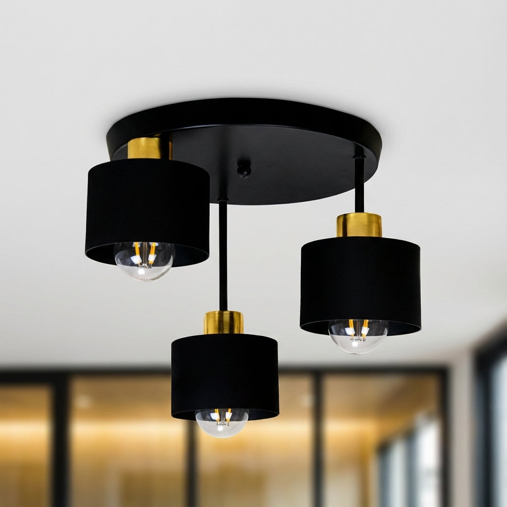 Three-Light Flush Mount Fixture Steel 12-Inch Black Gold Ceiling Lamp E27 for Dining Room Bedroom Hallway Modern Industrial Home Lighting | Thomler