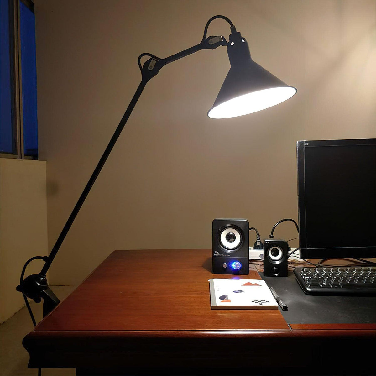 Clamp-On Task Light with Pivoting Arm Iron Construction Metal Shade Reading Light for Home Office Study Workspace Bedside Black Finish