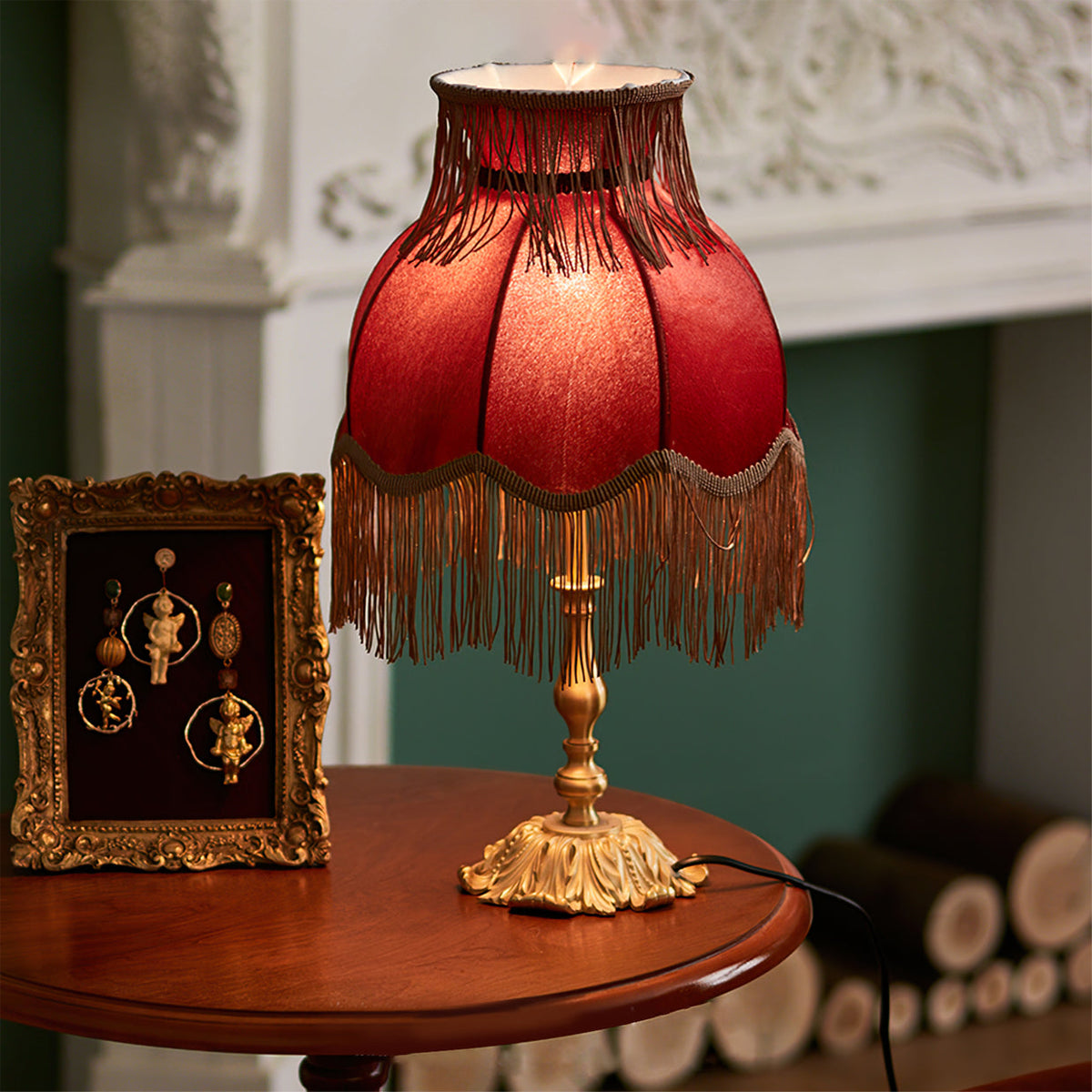 Bedside Lamp with Red Fabric Shade & Brass Base – Warm Ambient Light for Nightstand, Desk & Living Room – E26 Socket – 9.4 in Diameter | Thomler
