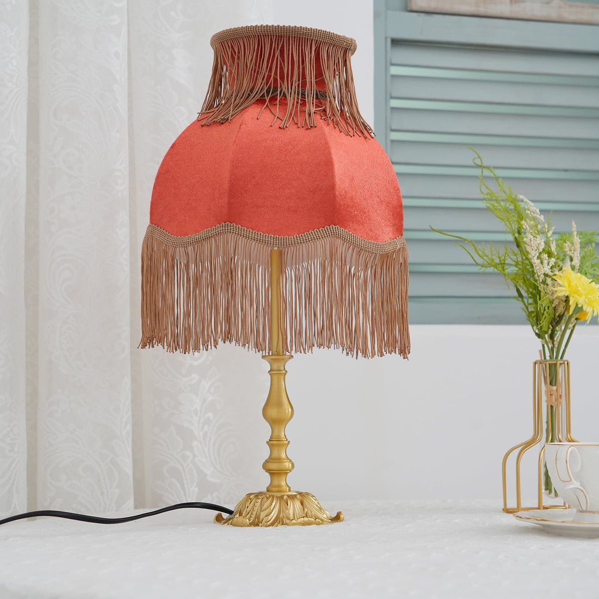 Bedside Lamp with Red Fabric Shade & Brass Base – Warm Ambient Light for Nightstand, Desk & Living Room – E26 Socket – 9.4 in Diameter | Thomler