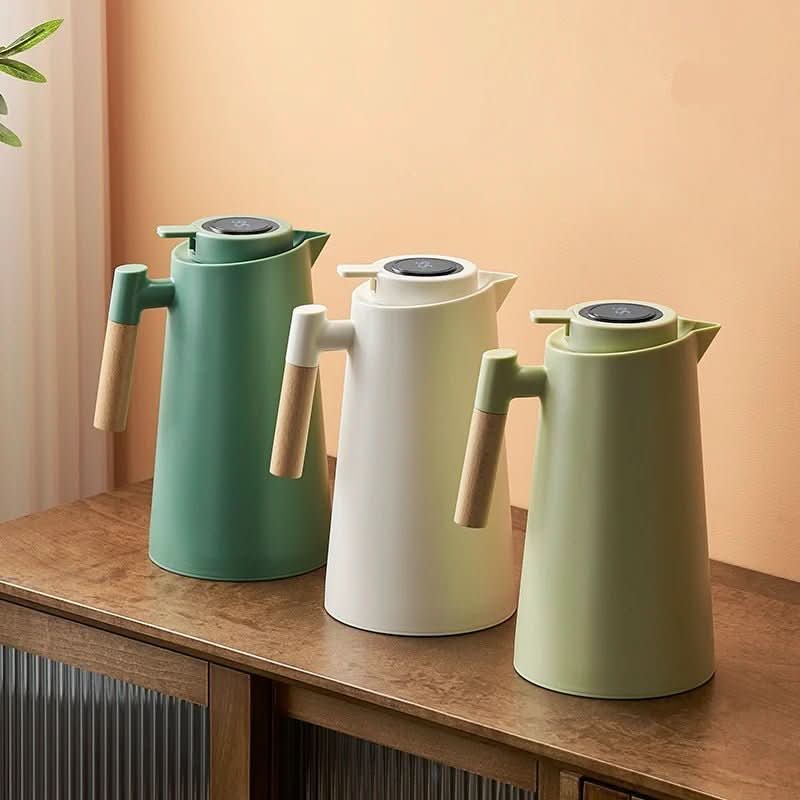 Botella de agua aislada con pantalla digital de temperatura de 34 oz, termo de acero inoxidable con asa de madera para café, té, bebidas frías y calientes, acampada | Thomler