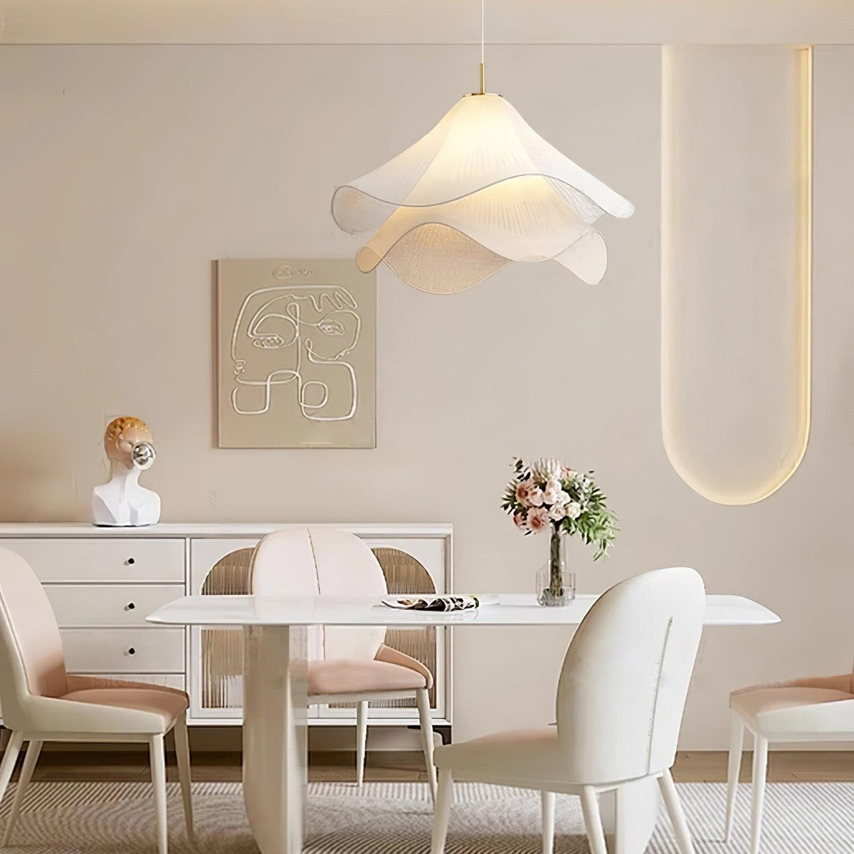 Lámpara colgante de pétalos de flores en capas, blanca y dorada, 24 pulgadas de diámetro, altura ajustable para comedor, cocina, dormitorio, sobre la mesa o isla | Thomler