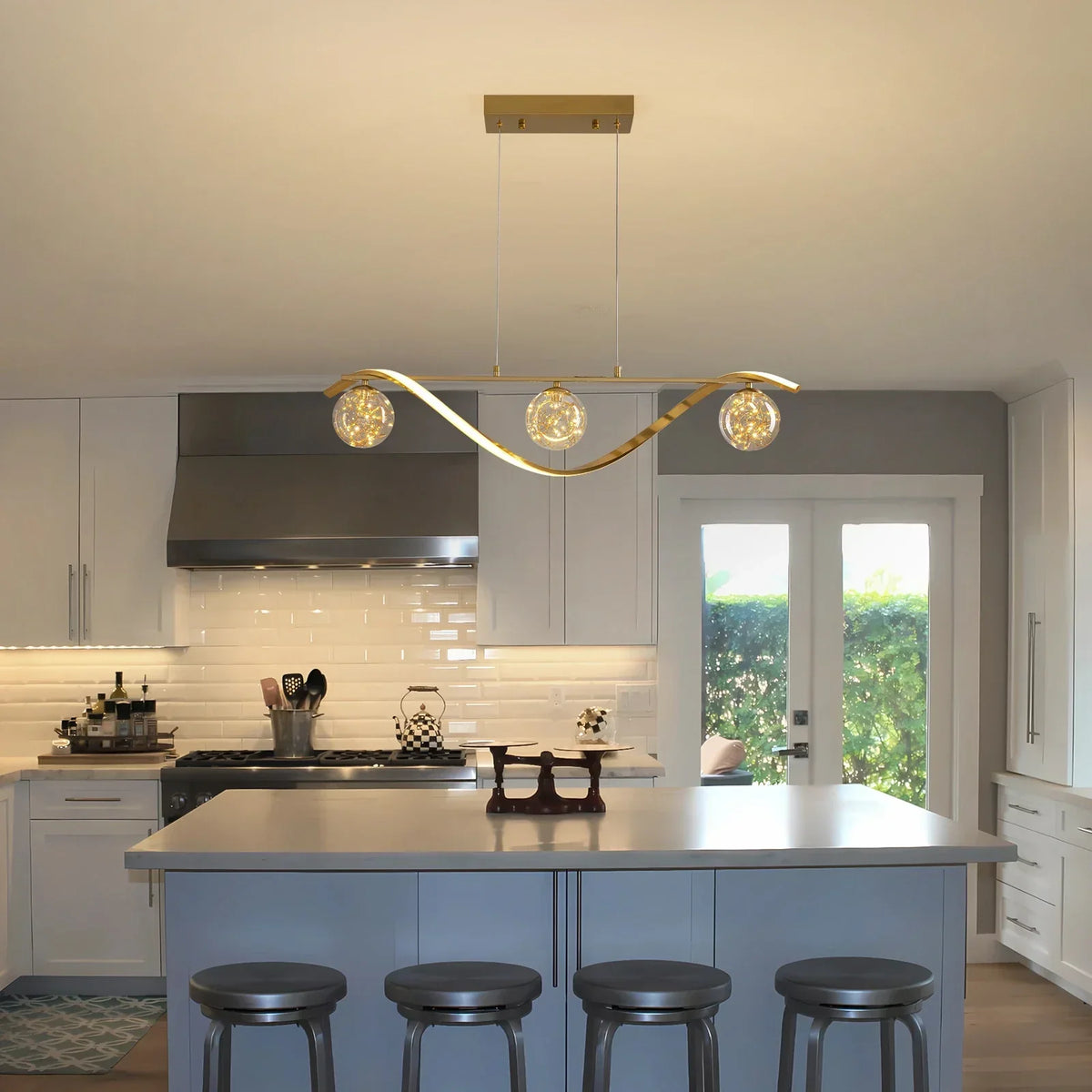 Linear LED Ceiling Fixture with Glass Globes for Dining Table & Island – 39 inch Gold or Chrome Hanging Lamp with Adjustable Height – Modern | Thomler