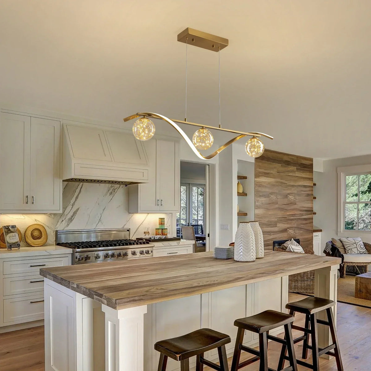 Linear LED Ceiling Fixture with Glass Globes for Dining Table & Island – 39 inch Gold or Chrome Hanging Lamp with Adjustable Height – Modern | Thomler