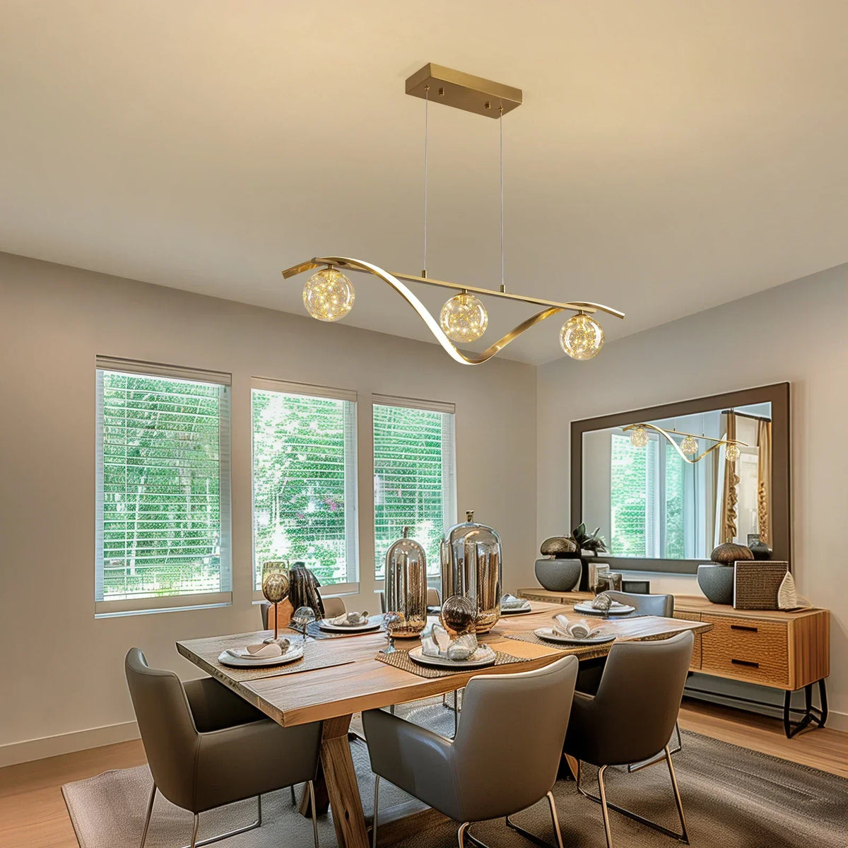 Linear LED Ceiling Fixture with Glass Globes for Dining Table & Island – 39 inch Gold or Chrome Hanging Lamp with Adjustable Height – Modern | Thomler