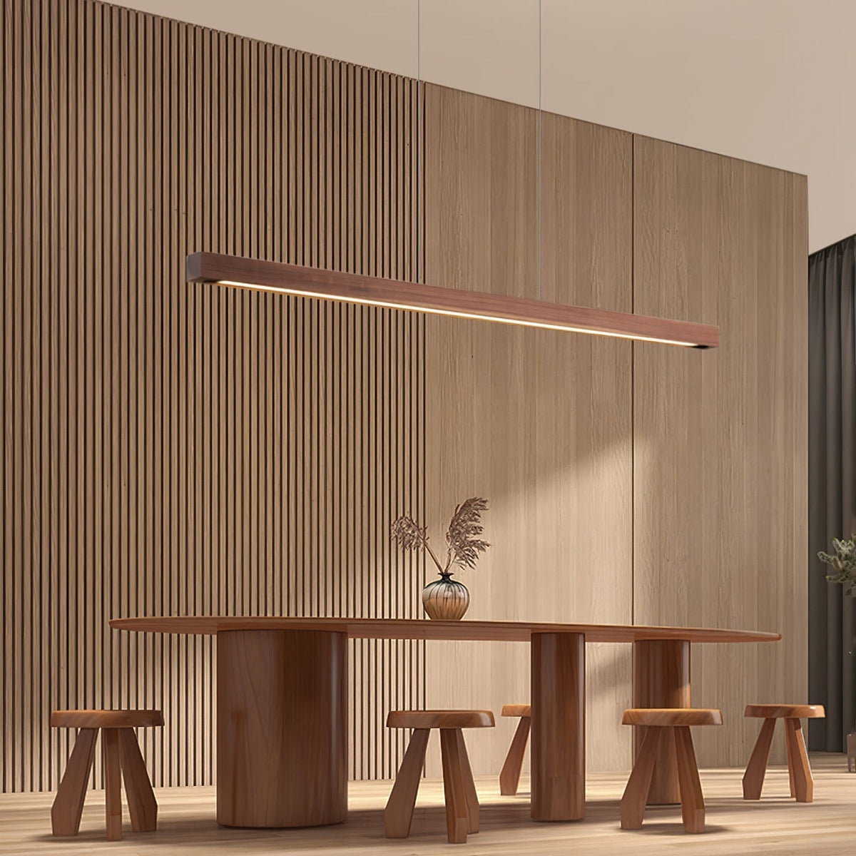 Lineaire houten hanglamp met ingebouwde led voor eetkamer en kookeiland, balkmodel, natuurlijke afwerking, verstelbare kabels, modern interieur | Thomler
